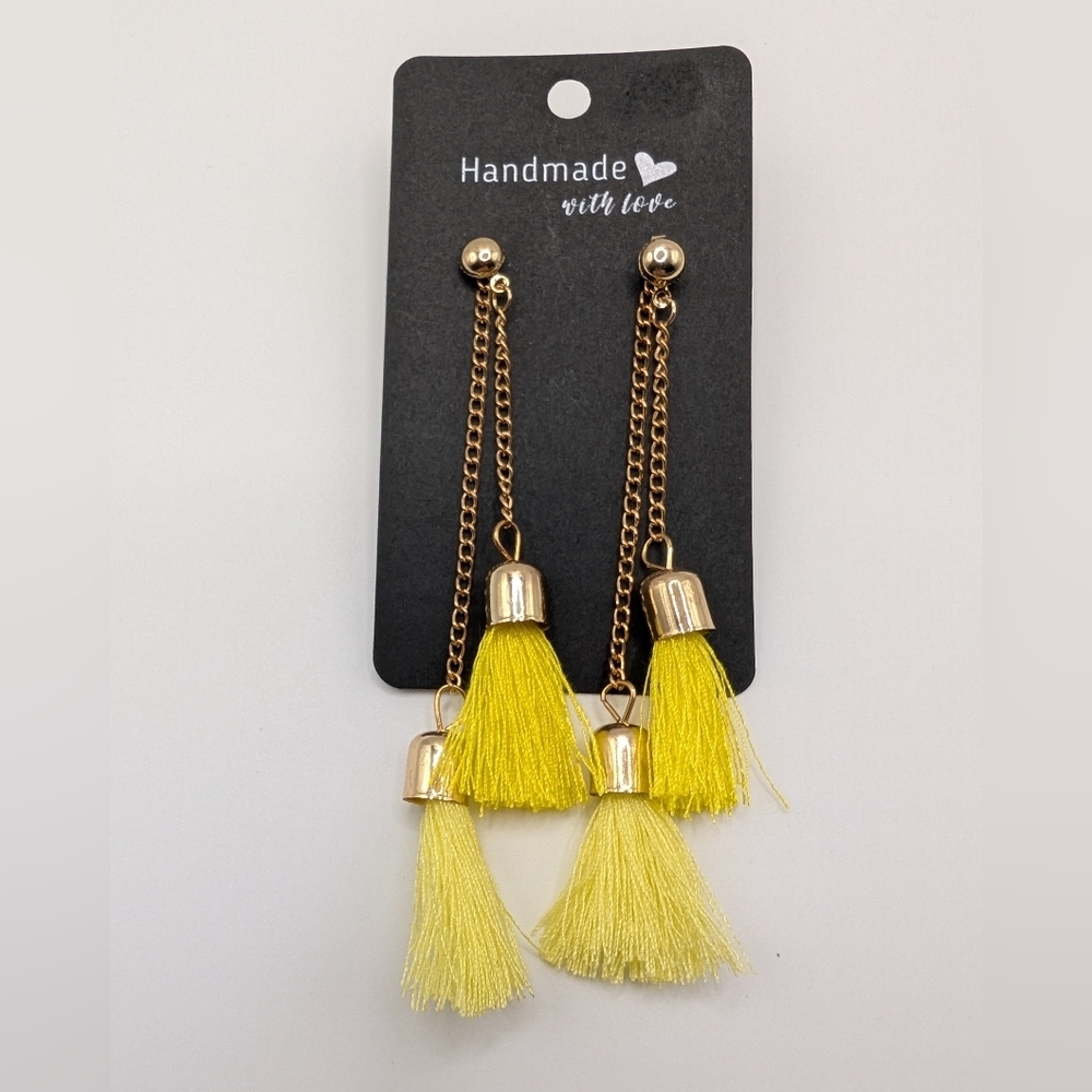 Handmade Yellow & Light Yellow Tassel Gold Chain Dangle Earrings 4" NEW